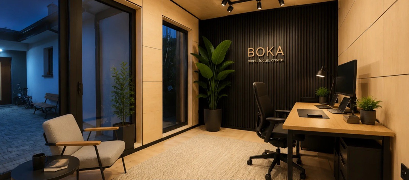 boka TWO — wizualizacja wnętrza: stanowisko pracy i strefa wypoczynku wieczorem